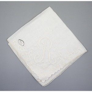 Burmel Original Off White Linen Monogram R Handkerchief Embroidered Floral